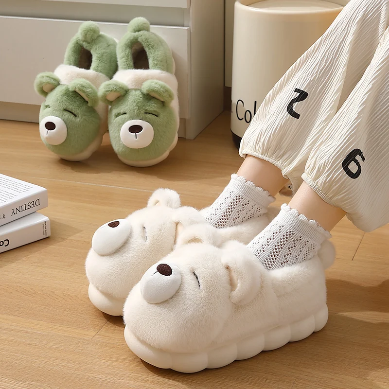 Warm Winter Women Men Plush Thick Platform Cartoon 3D Bear Fur Cotton Slippers Outdoor Home Slip On Girls Ladies Shoes