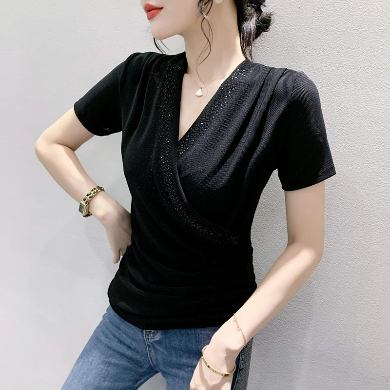 

Black Summer Korean Style T-Shirt Women Fashion Sexy V-Neck Draped Shiny Diamodns Tops Short Sleeve Drill Hot Tees 2024 New 4475