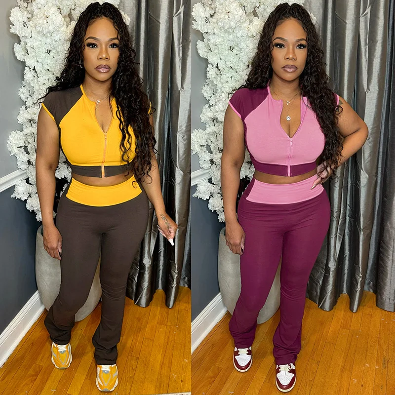 

Sexy Crop Jackets Two Piece Pant Set 2025 Women Summer Joggers Clothes Patchwork Tops Tracksuits Piece Pant Sets Outfits