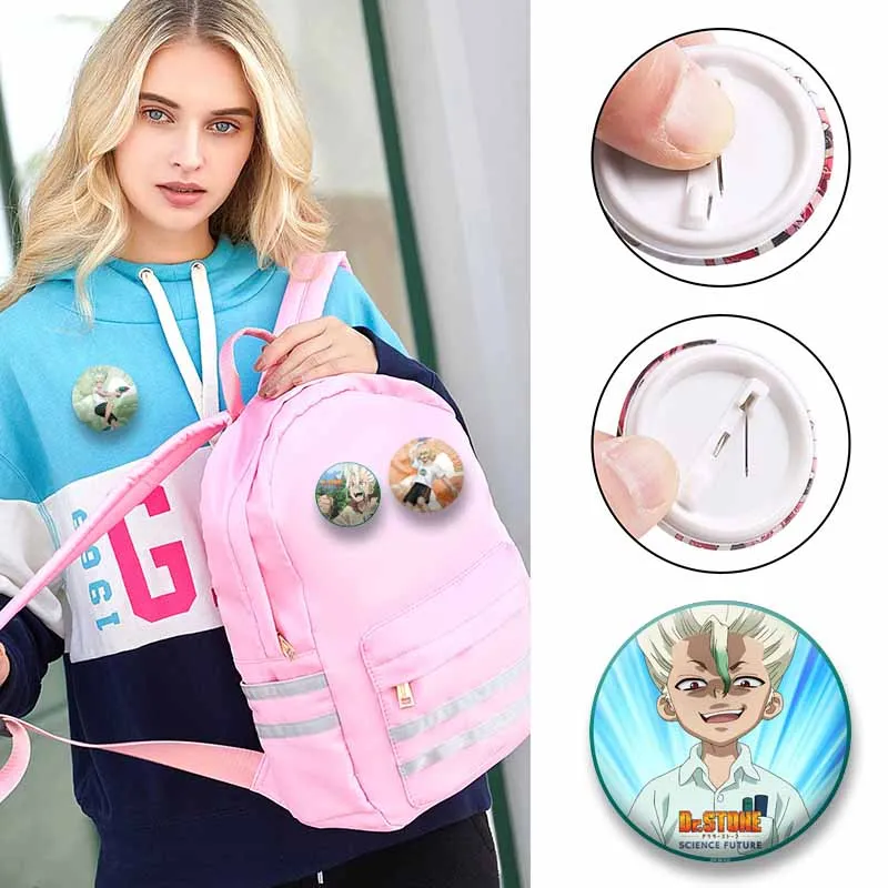 D-Dr. STONE Anime Coin Badges Cartoon Senku Ishigami Ginro Button Pins Manga Round Brooch for Backpack Hat Jewelry Accessories - view 2