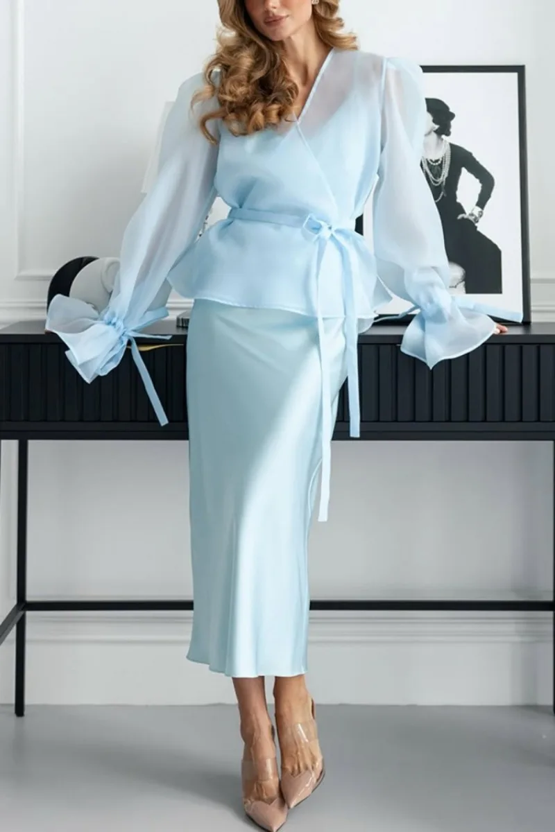 Autumn Women V-Neck Lace-Up Shirt Long Dress Set High Waist Slim Satin Dress Female French Woman Casual Office Matching Sets Y2k view 5