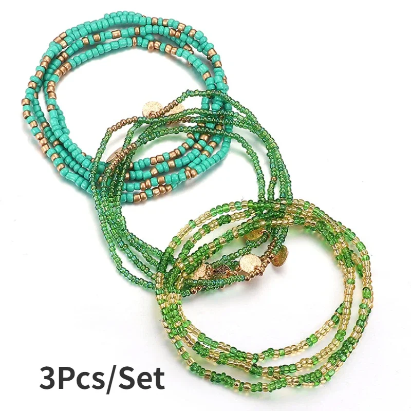 3Pcs/set Boho Colorful Elastic Rice Bead Anklet Waist Chains Beads Bracelets Women Summer Body Belly Chain Beach Bikini Jewelry