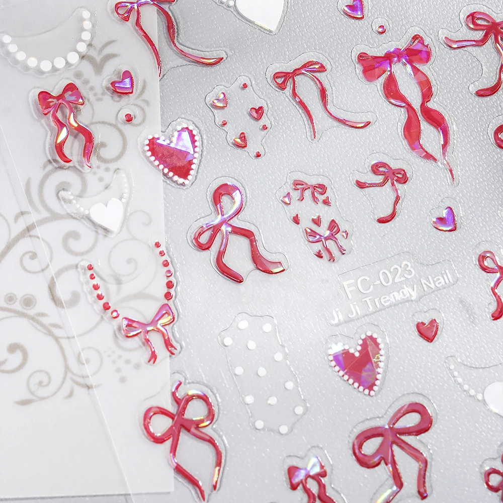 2개 세트 오로라 레드 화이트 하트 네일 아트 스티커 반짝이는 리본 사랑 프렌치 목걸이 네일 데칼 달콤한 여성 소녀 매니큐어 슬라이더