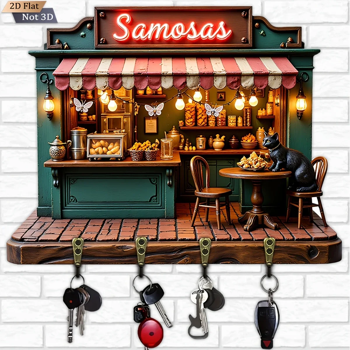 2D Flat, 1pc, Retro Snack Shop Style Key Hook Wooden Multifunctional Home Key Rack, with Four Metal Hooks, Wall Decoration,