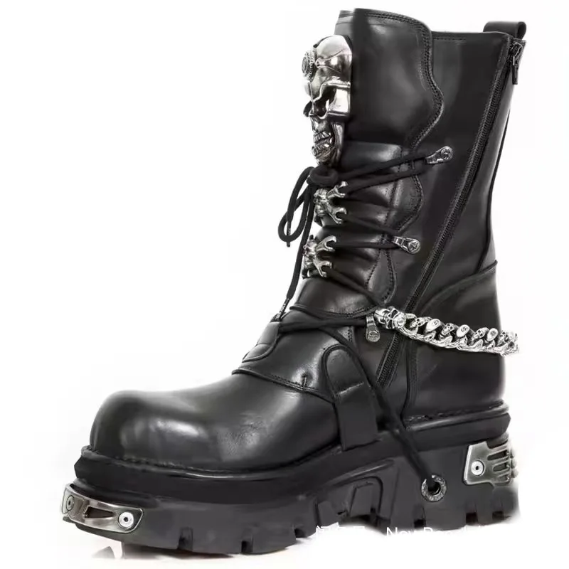 Top layer cowhide tank bottom locomotive boots skull punk metal chain men and women dark rock leather thick bottom medium tube