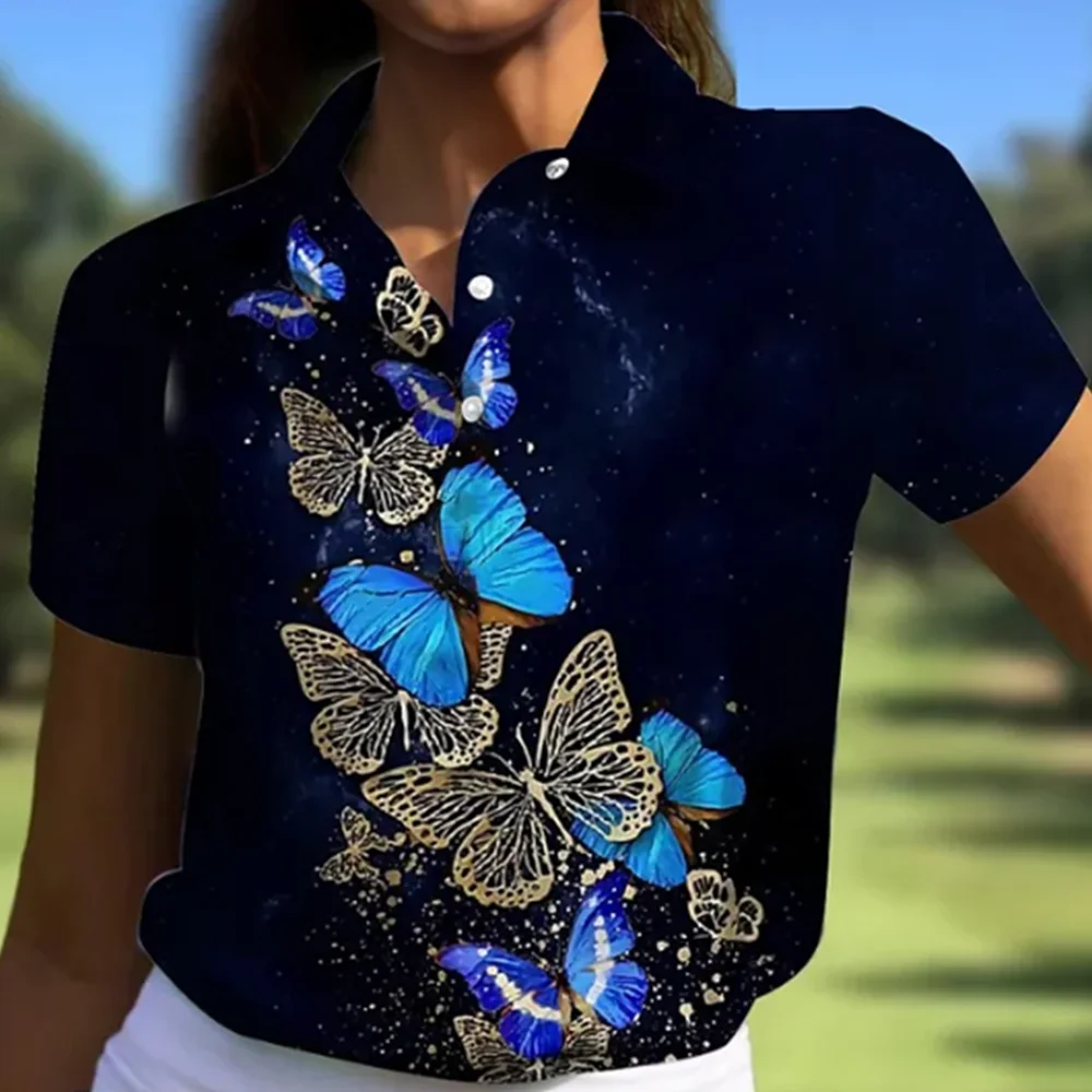 Polo de Golf para mujer, camiseta de manga corta con estampado de mariposa, camisa deportiva transpirable de secado rápido a la moda, verano 2024