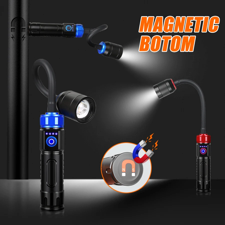 Flexible LED Work Light with Magnetic Ultra Bright Type-C Rechargeable Flashlight Waterproof  Zoom Torch Light for Camping BBQ