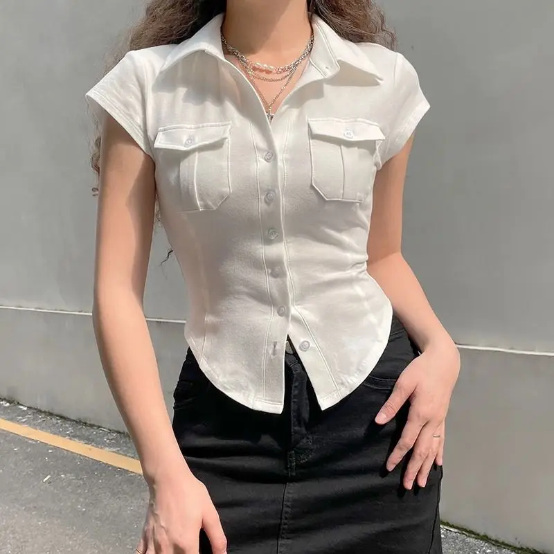 

Fashion Sweet Young Style Design Exposed Navel Spicy Girl Shirt Women Solid Lapel Button Patchwork Pocket Slim Short Sleeved Top