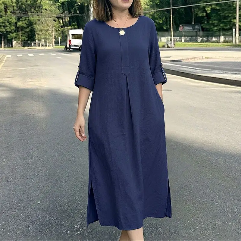 ZANZEA Modisches Damenkleid mit O-Ausschnitt und 3/4-Ärmeln, Herbstliches, lockeres Maxikleid, einfarbig, weit geschnitten, Arbeitskleidung, Sommerkleid mit geteiltem Saum.