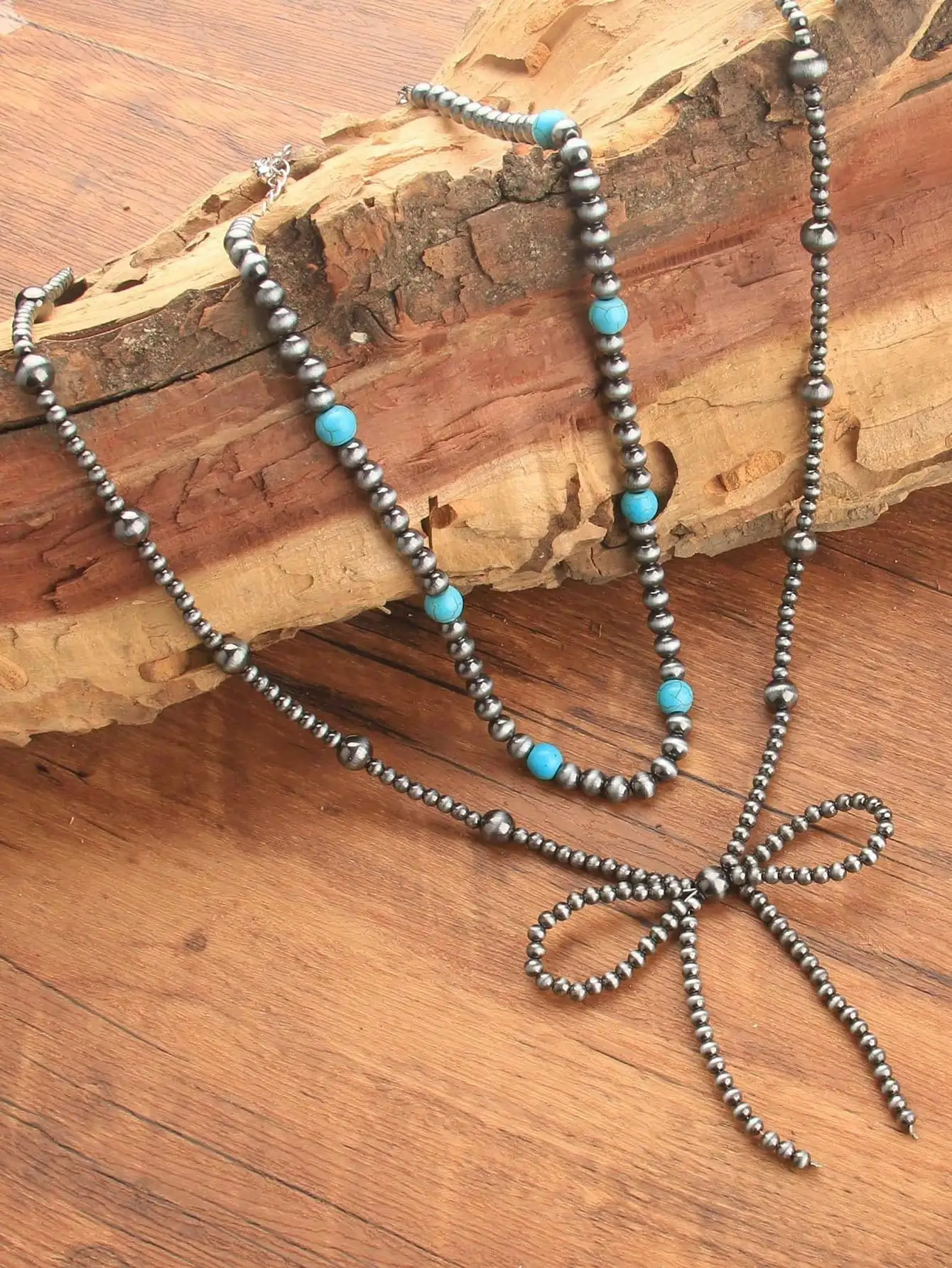 

2-Piece Layered Beaded Bow Necklace Set with Turquoise Accents