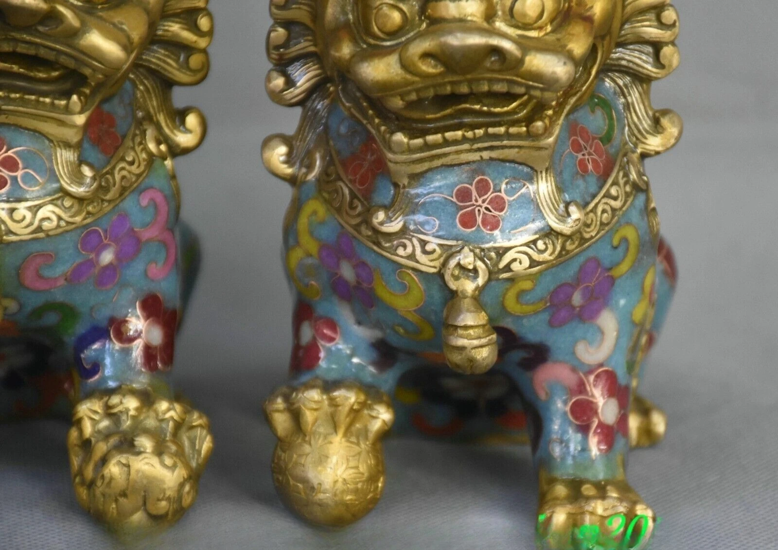 الصينية القديمة مصوغة بطريقة المينا البرونزية المذهبة فنغشوي فو فو الكلب الحرس الأسد زوج #3