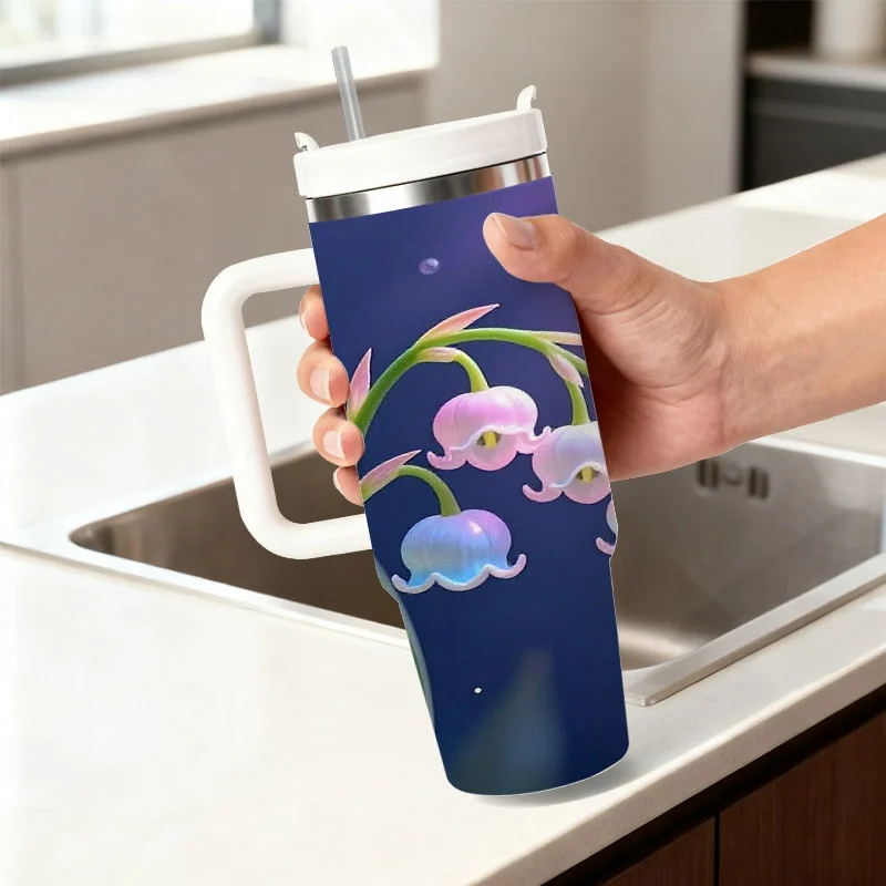 Pastel Lily of the Valley Floral Digital Print 40oz Stainless Steel Insulated Tumbler, Whimsical Ethereal Design with Glowing Dark Purple Bubble Details, Reusable Thermal Cup for Daily Drinks, Road Trips & Office Use