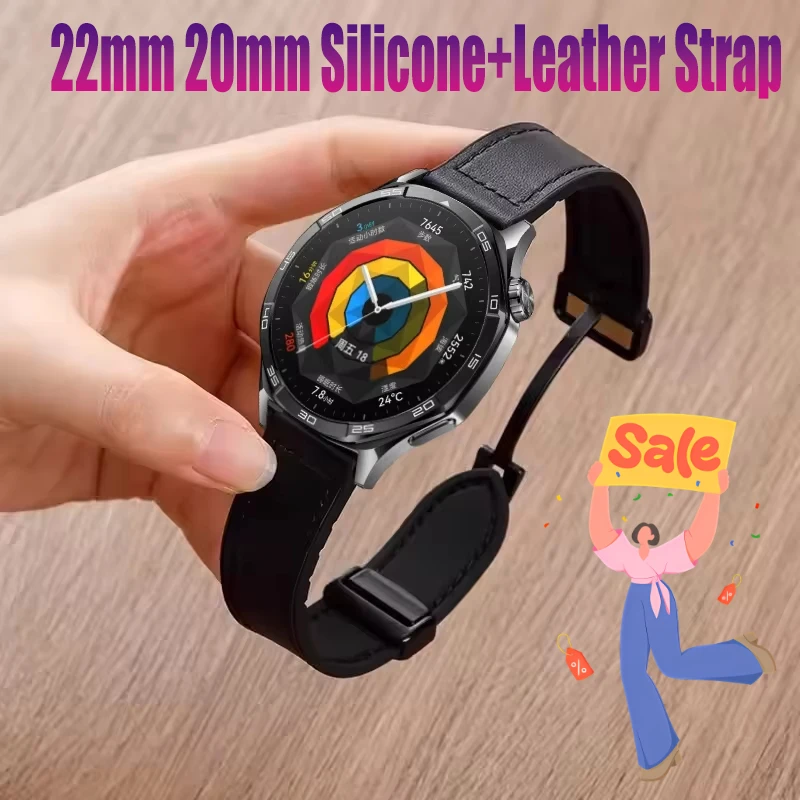 22mm 20mm シリコン+レザーストラップ Huawei Watch GT5-4-3-5 Pro 46mm用 マグネットバックル リストバンド Samsung Galaxy Watch 7 6 5 4用
