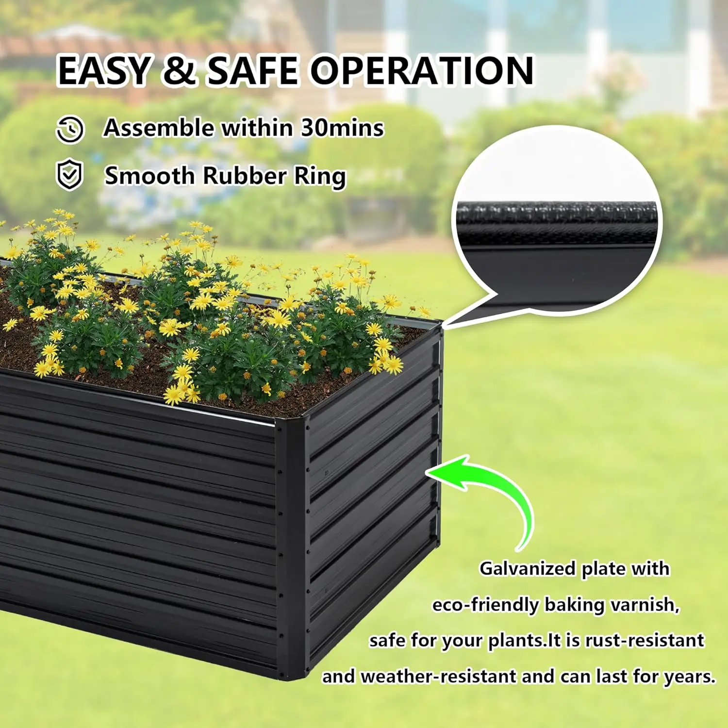 Outdoor Gardening Galvanized Steel Planter Box in Black - 6x3x2ft for Vegetables, Flowers, Herbs and Succulents view 4