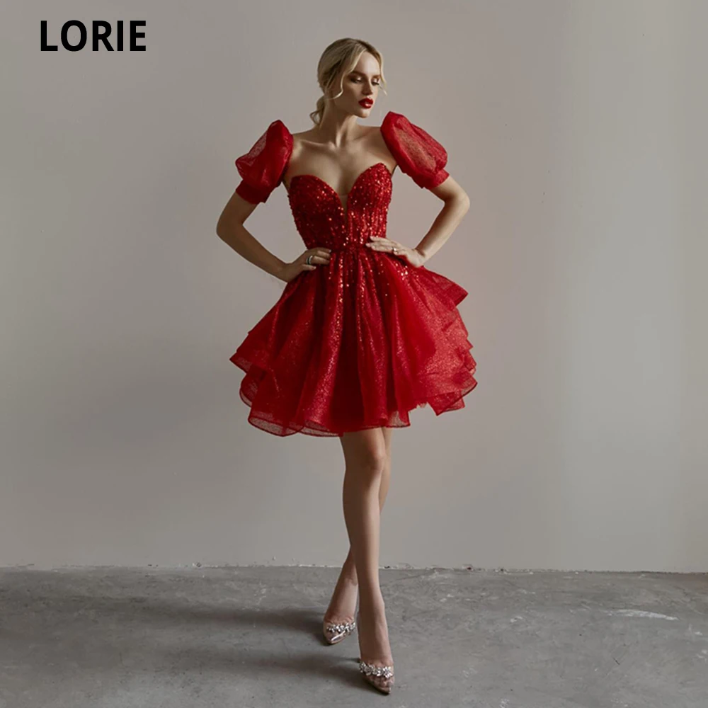 

LORIE Red Short Prom Dresses Beadings Sequins Vestidos De Noche Formal Evening Gowns Glitter Tulle Sweetheart Mini Party Dresses