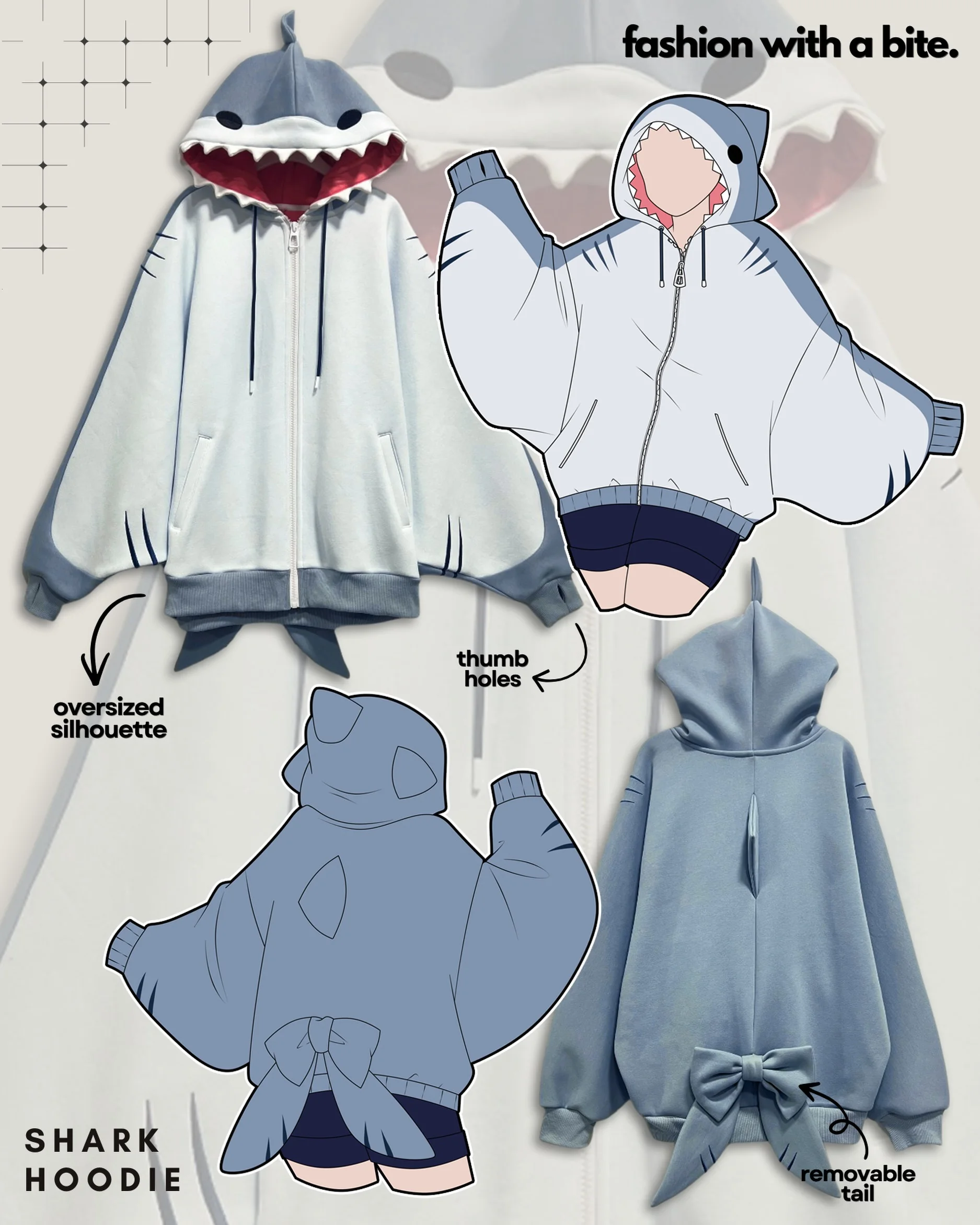 Japanese Niche Anime Three-Dimensional Shark Shape Hooded Sweater For Women With Bow Loose Casual Zipper Hooded Sweatshirt view 2