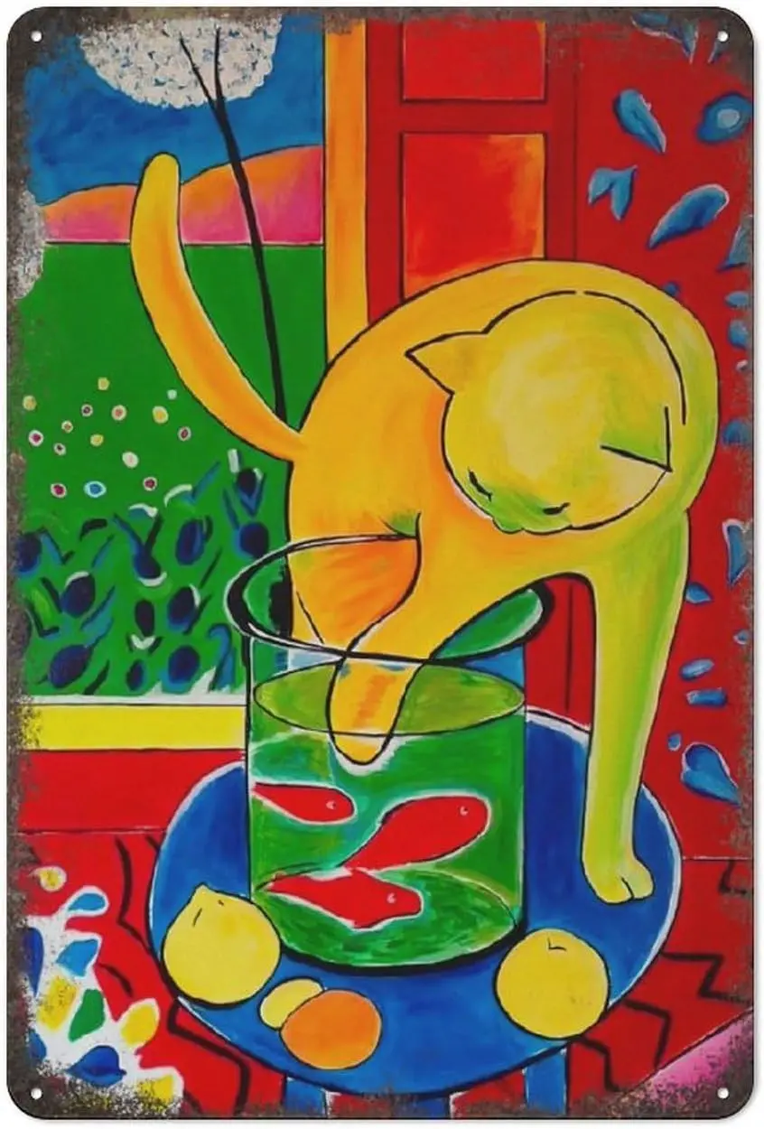 Wall Art Cat And Red Fish Art Yellow Cat Colorful Wall Art Vibrant Decor Metal Tin Sign Plaque Poster Vintage Culture Wall Decor