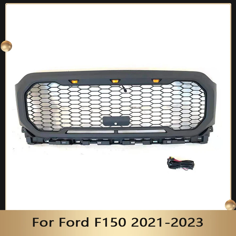 

Matte Black Front Mesh Style Grill With LED Lights With Camera Bracket Fit For Ford F150 2021 2022 2023 Bumper Grille Upper Grid