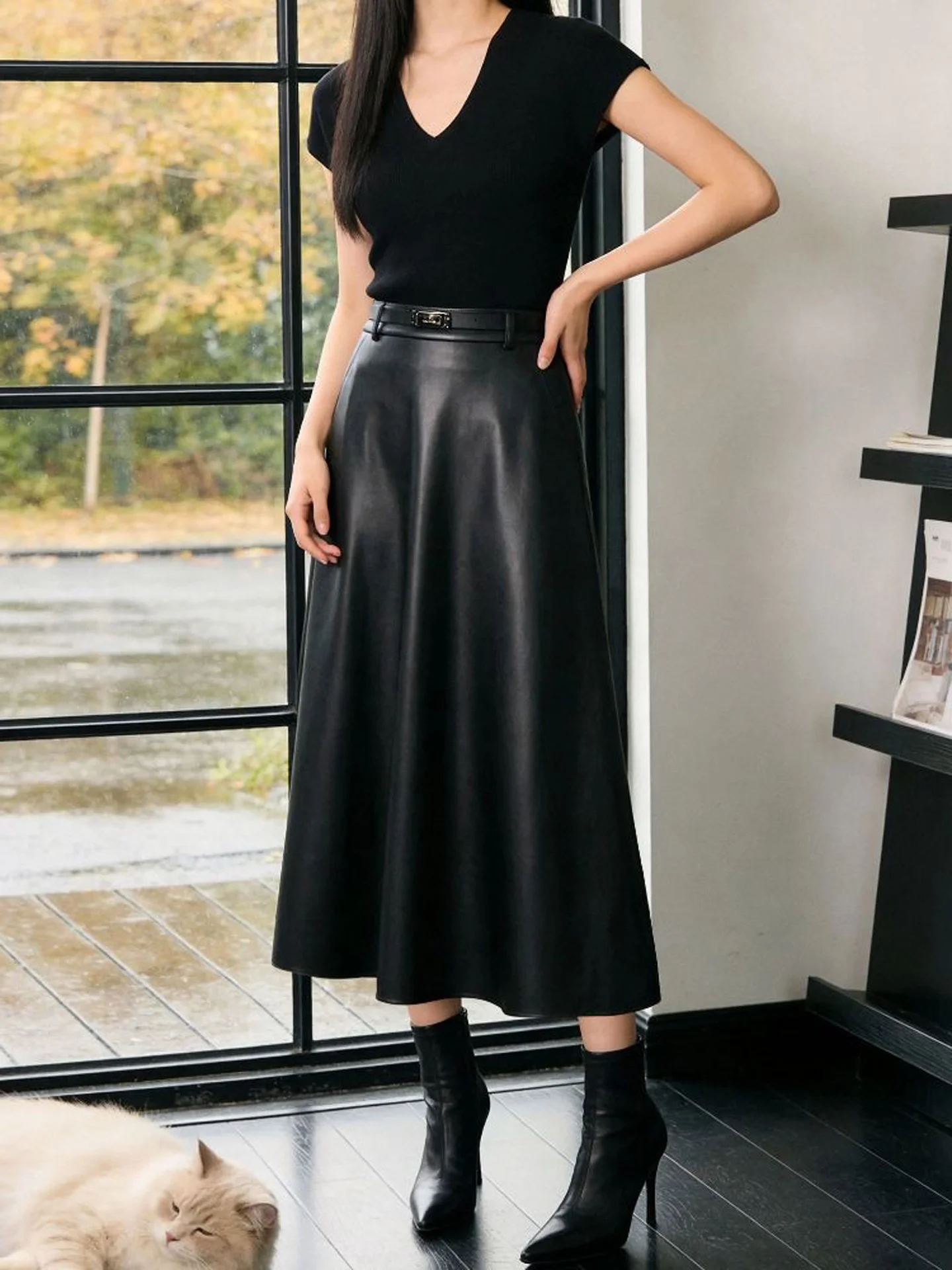 Fashionable A-Line  Skirt Women's PU Leather Midi Skirt High Waist Slimming Design Autumn New Style American Style Skirt