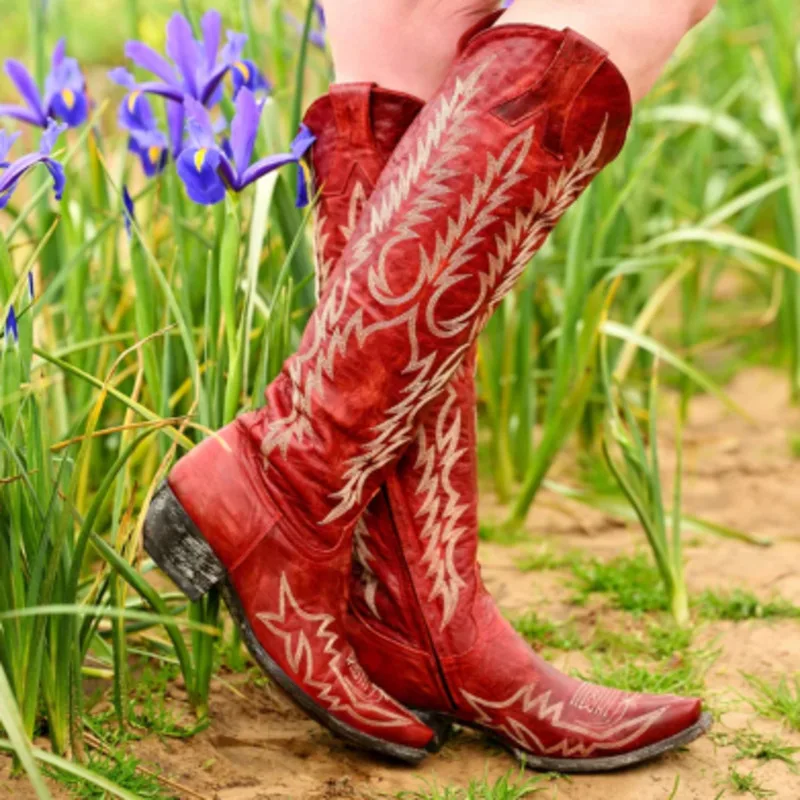 Embroidered Cowgirl Boots 2023 New Knee High Boots For Women Low Heels Lady Shoes Slip On Square Toe Western Cowboy Boots