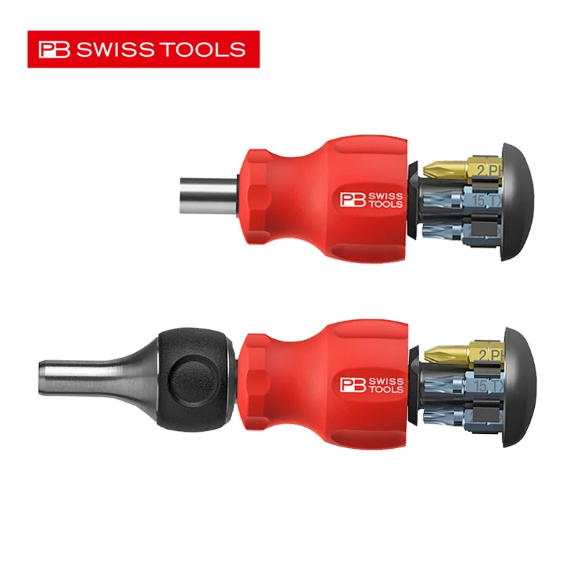 

PB SWISS 6 in 1 Stubby Ratchet Screwdriver Pocket Tool Ratchet Handle with Integrated Bit Magazine and 6 Precision Bits 8453