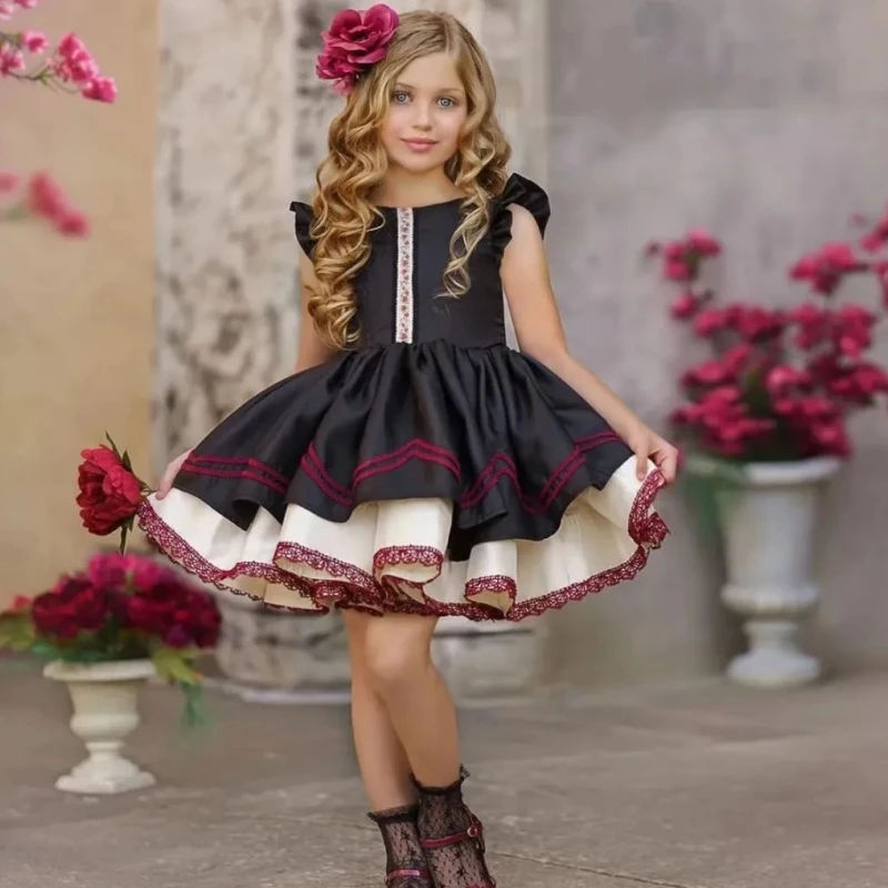 Flower Girl Dresses Black Satin Red Lace Flory Sleeveless For Wedding Birthday Party Banquet Princess Gowns