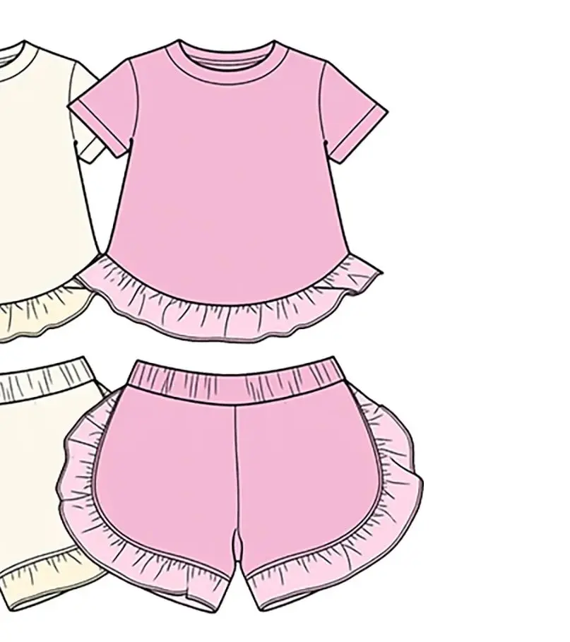 

Однотонный хлопковый летний топ с коротким рукавом и шорты с рюшами для девочек, комплект детской одежды из эластичного материала