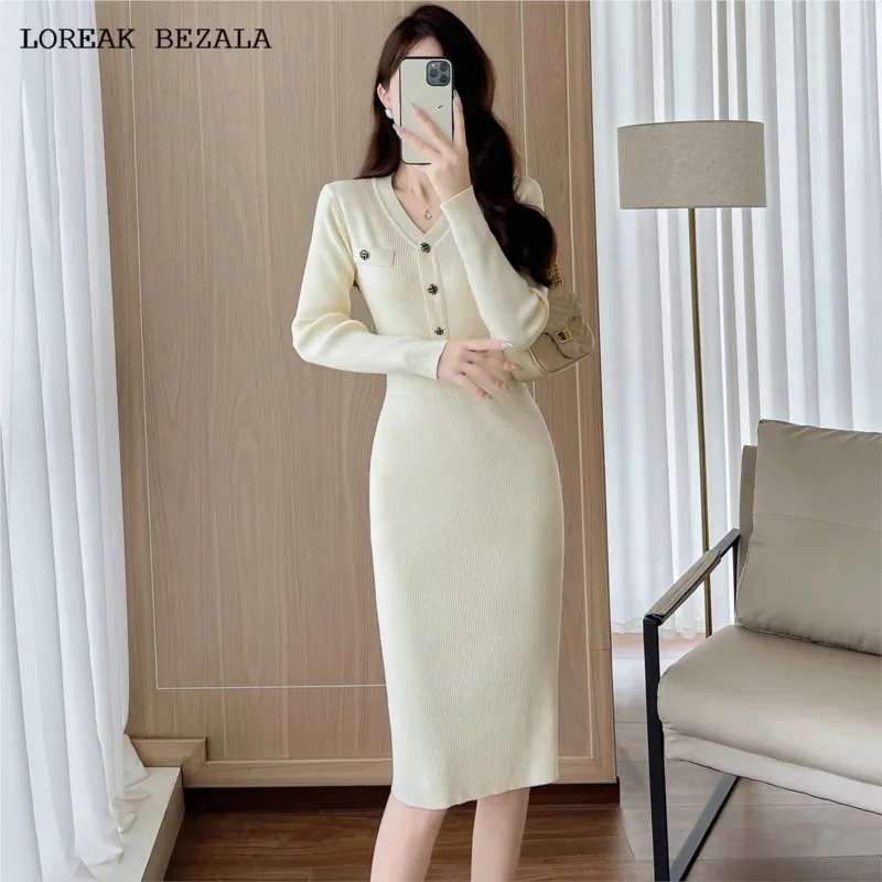 

Beige Women's knitted dress Elastic French fragrance Spring/ Autumn dress socialite leisure One-piece dress