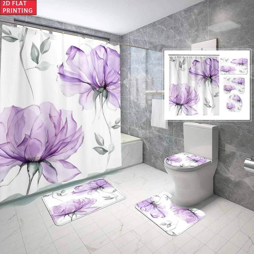 

1pc/4pcs Shower Curtain and Bath Mat Set with Purple Flowers With Leaves On White Non-Slip Bathroom Decor, with 12 hooks