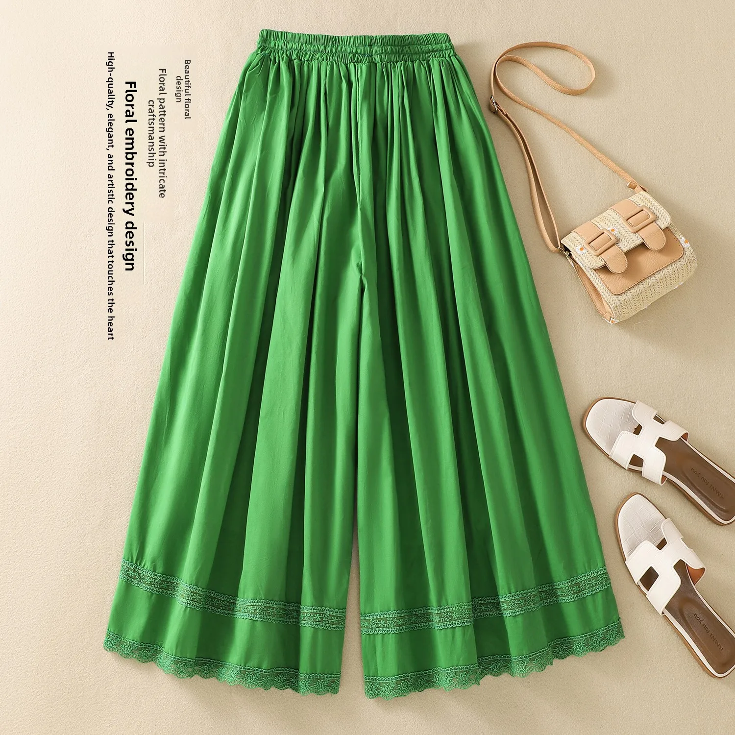 ゆったりワイドレッグパンツ フリル裾 Dストリング ゴムウエスト キャンディーカラー 着痩せロングパンツ クオリナインポイントパンツ