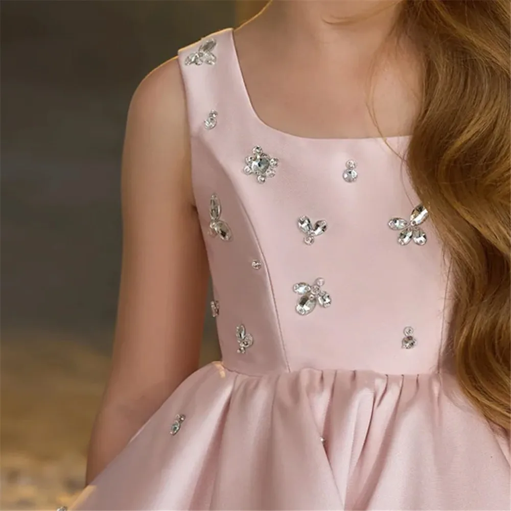 Vestidos de niña de satén azul bebé con cuentas y cuello cuadrado hasta la rodilla para niños, vestido de fiesta de cumpleaños y boda