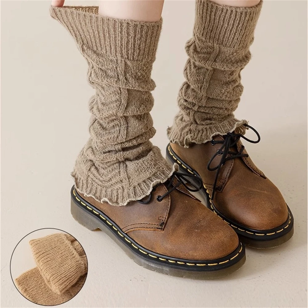 Women Pleated Stacked Knitted Calf Sleeves Girls Sweet Cute Warmer Medium Tube Socking Dual Purpose Lace Leg Bandage Socks Cover