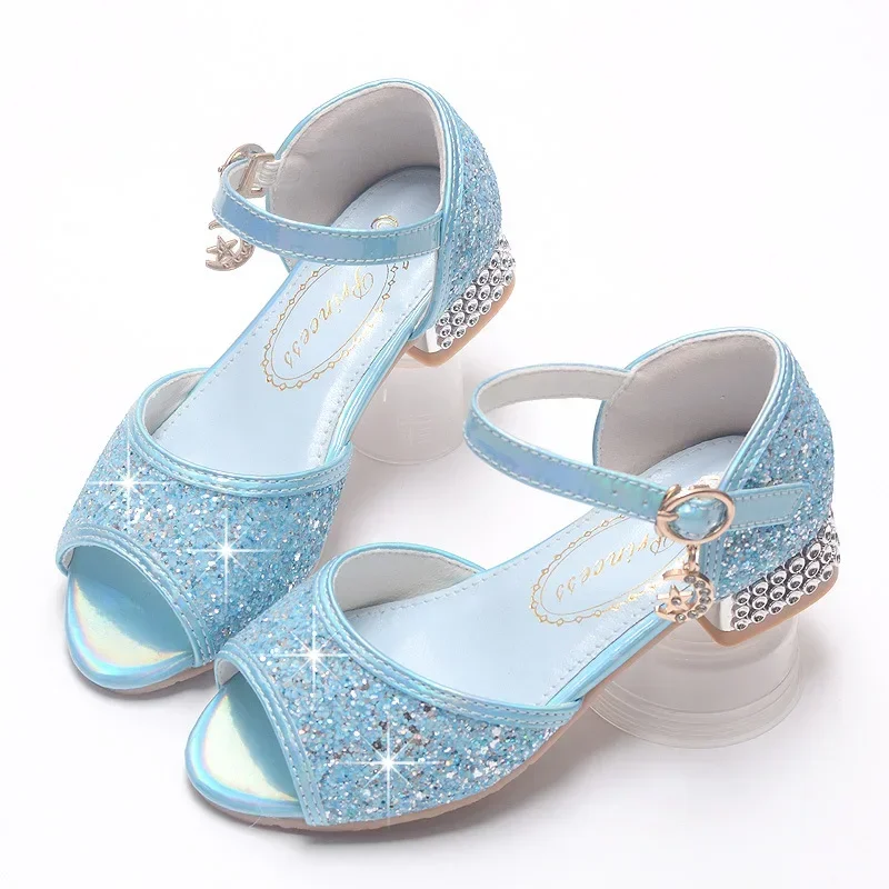 Girls Cinderella Shoes Kids Party Princess Dress Leather Wedges Girls Slip On blue pink sliver sandal Girls Shoes