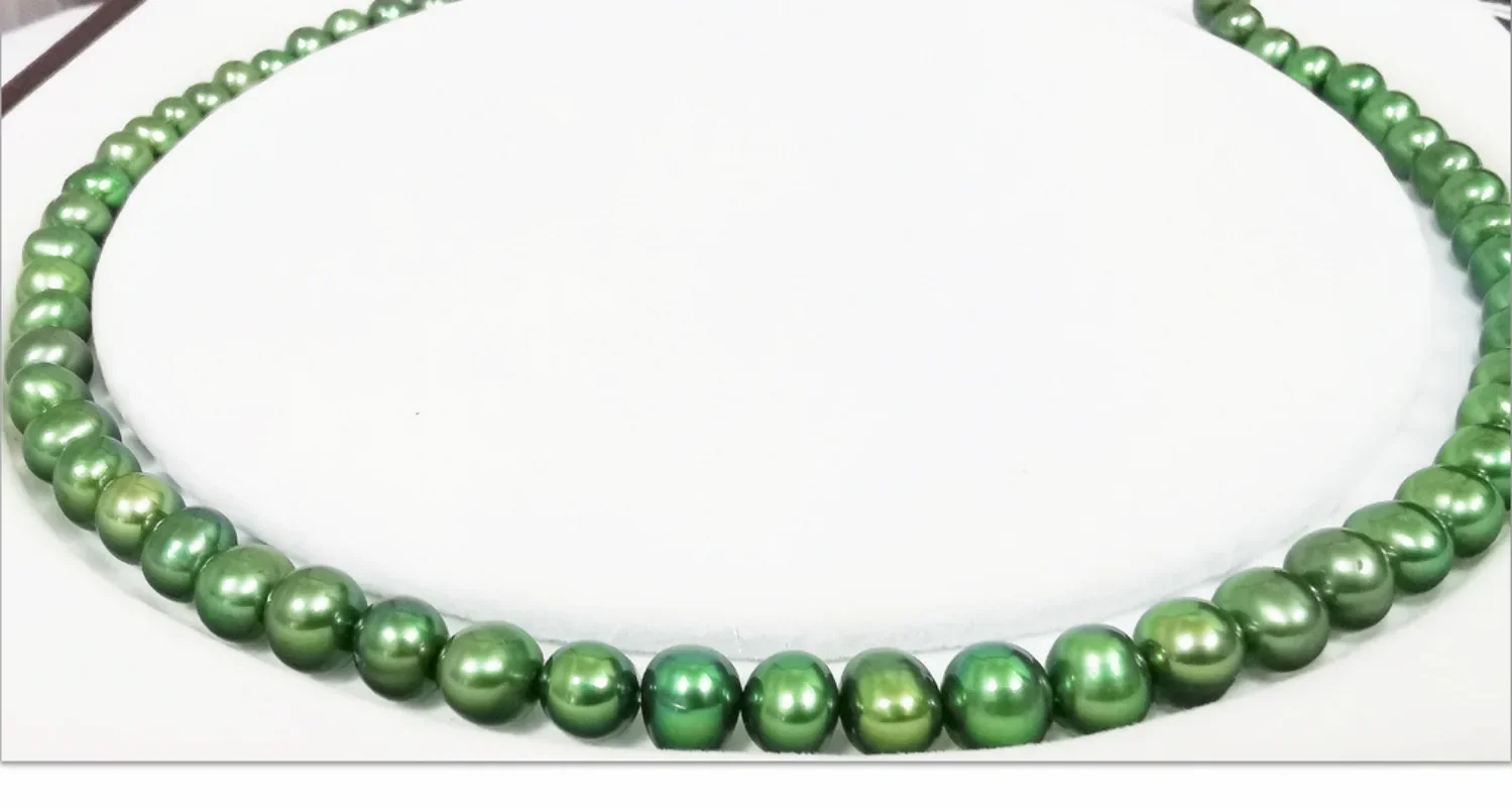 

Charming 17"7-8mm Genuine Green Near Round Pearl Necklace for Women Free Shipping Wedding Party 925 Sterling Silver