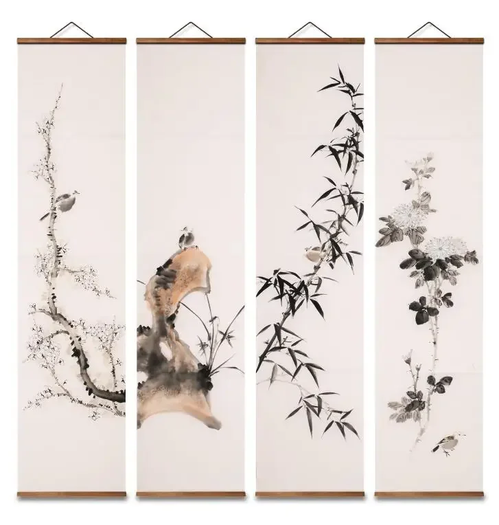 MT0089 Chinese Style Ink Orchid Bamboo Chrysanthemum Bird Decorative Wall Art Canvas Posters Solid Wood Scroll Paintings