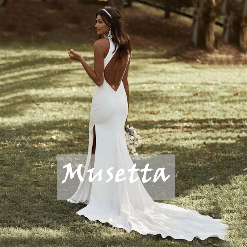 Vestido De Novia liso De sirena con cuello Halter, Vestido De Novia sin mangas con abertura alta, tren Sexy sin espalda, Vestido Civil De Novia personalizado