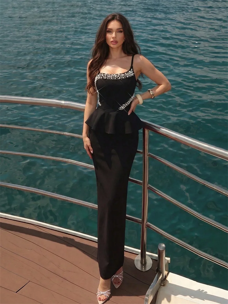 Black Sexy Prom Dress Spaghetti Strap Pearl Beaded Bandage Bodycon Peplum Maxi Back Slit Party Gown Chic Formal Evening Robe