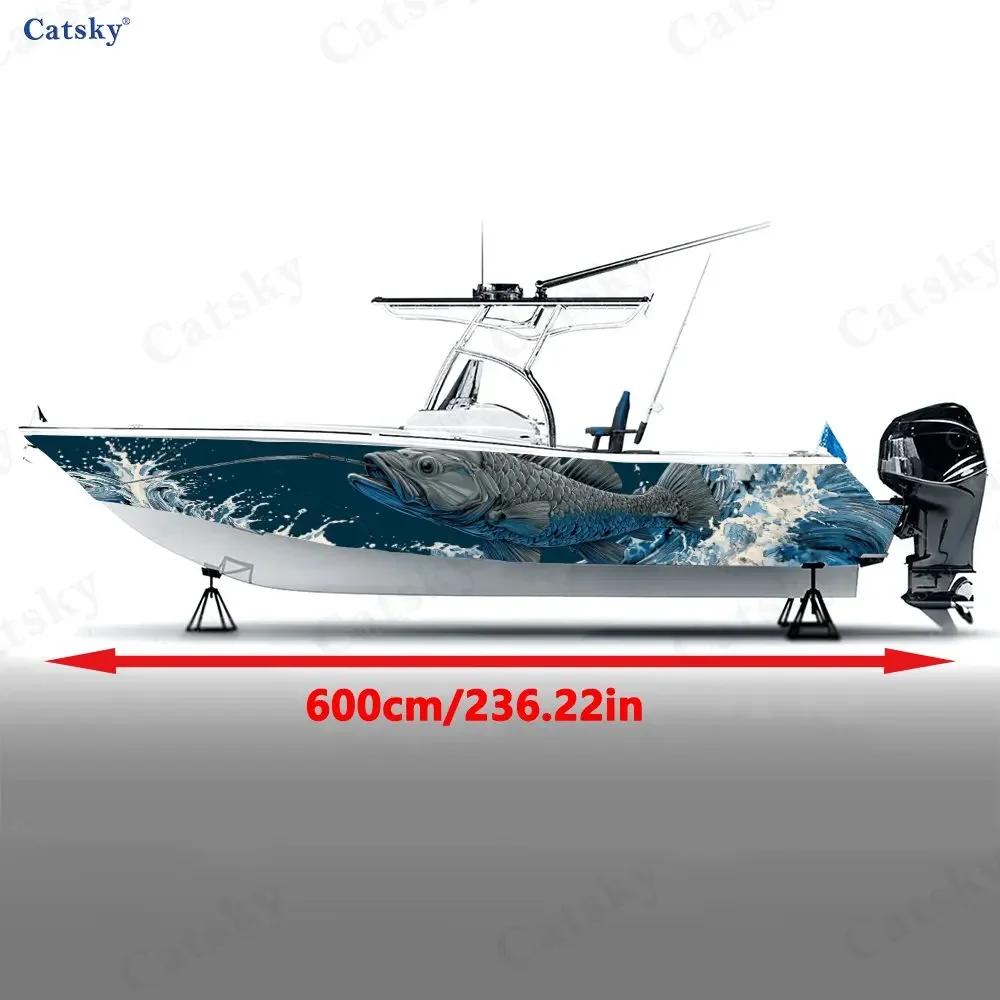 Blue Tone Splash & Biting Bass Boat Stickers, PVC Waterproof Vinyl Wrap Decals for Fishing Boats, Durable and Stylish Design