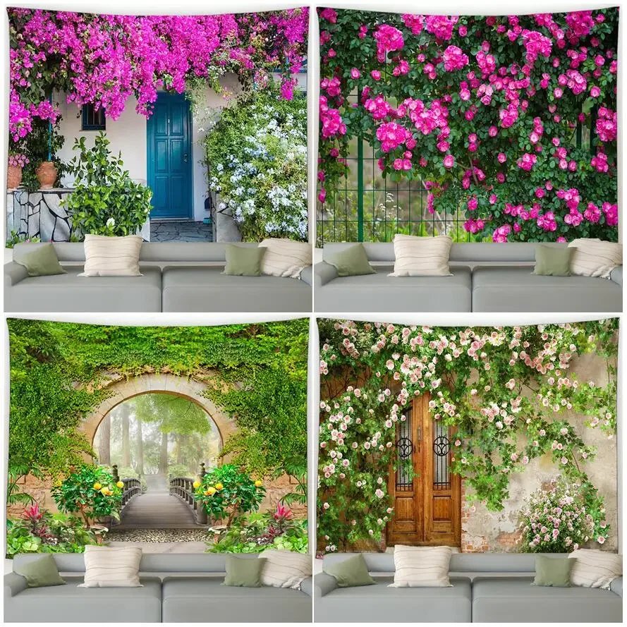 Italian Street Floral Tapestry Vintage Architecture Garden Flowers Plants Scenery Home Living Room Courtyard Decor Wall Hanging