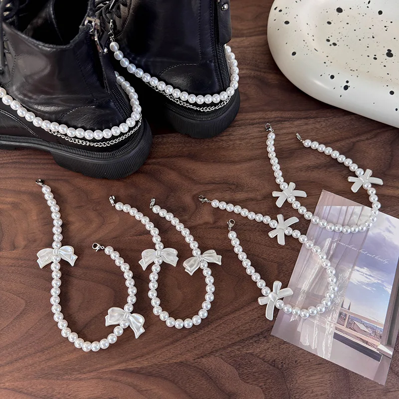 

Removable Pearl Bow Heel Chain Shoe Buckle DIY for Casual Sneakers Canvas Shoes Sport Style Decor