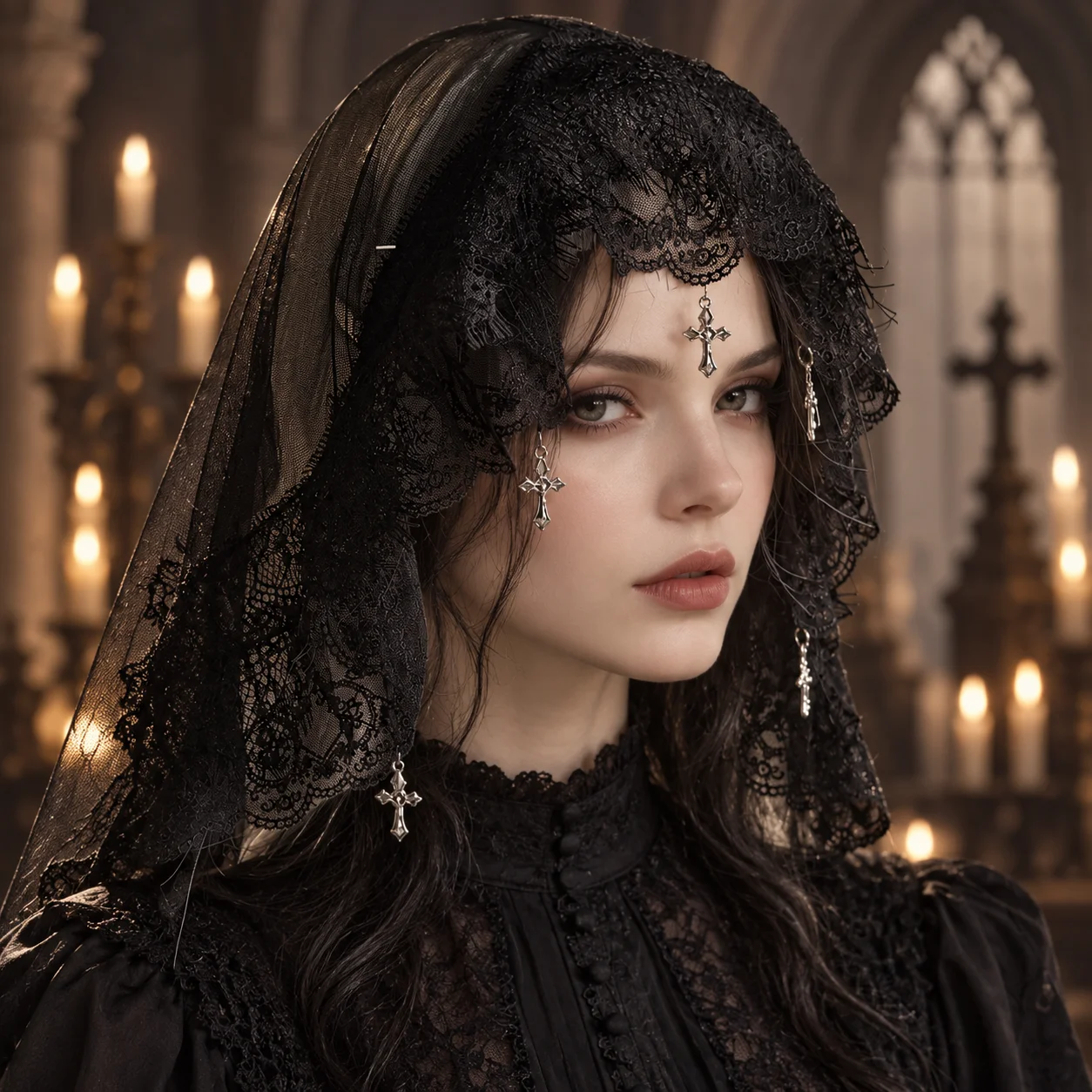 Dark Gothic Cross Tassel Black Lace Veil, Halloween Cosplay Ghost Bride Headpiece, Gothic Headdress, Costume Hair Decoration