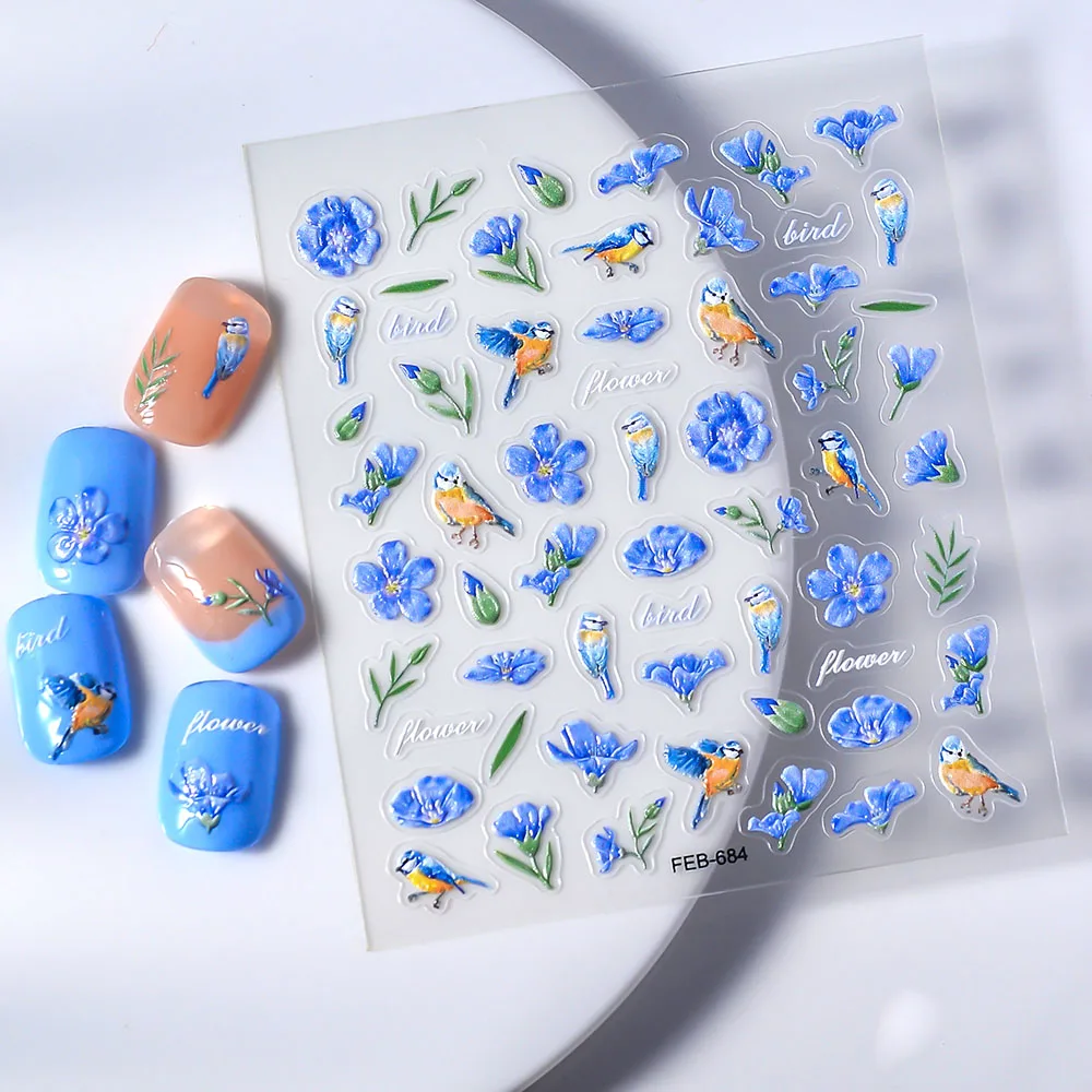 5D Blue Flower Nail Sticker Morning Glory Sliders Embossed Knit OEM Personalized Decals Manicure FEB-684