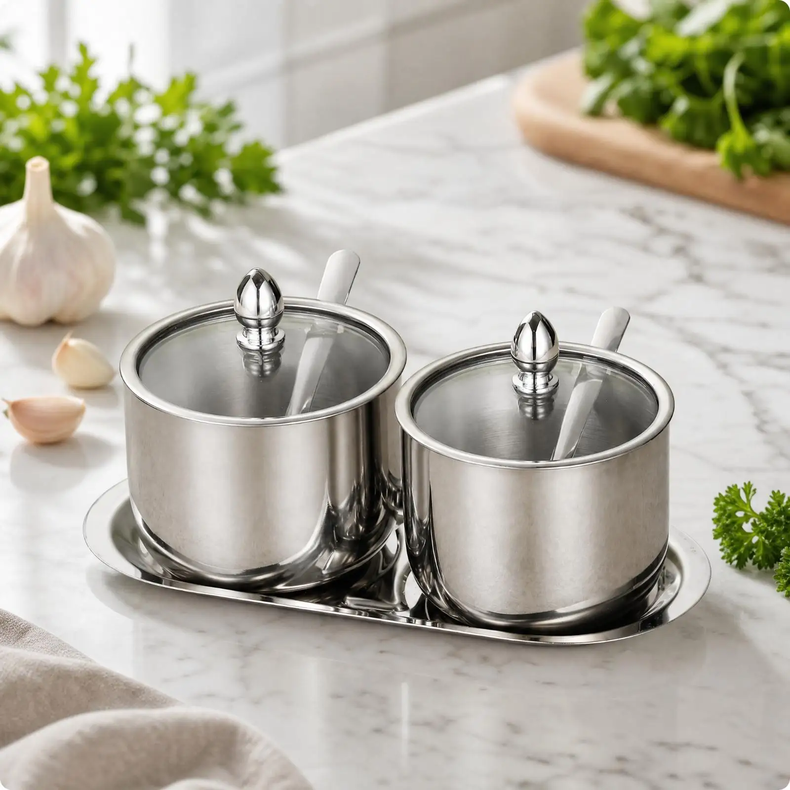 Countertop Condiment Jar Set with Tray for Neat Herb and Spice Organization