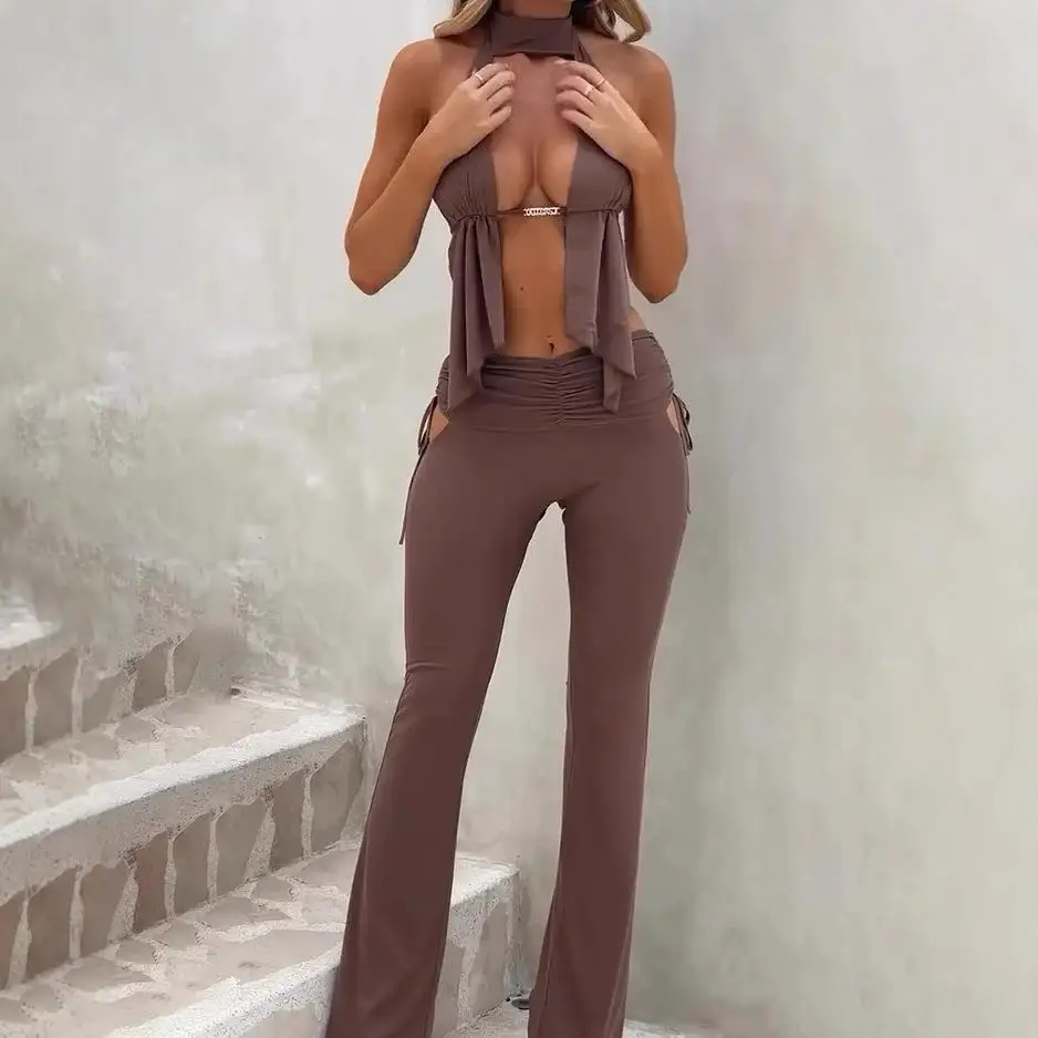 Set da donna sexy slim fit in puro colore MLKSSJ 2025 Pantaloni casual in tessuto PVC a vita medio-bassa transfrontaliera per donne di mezza età