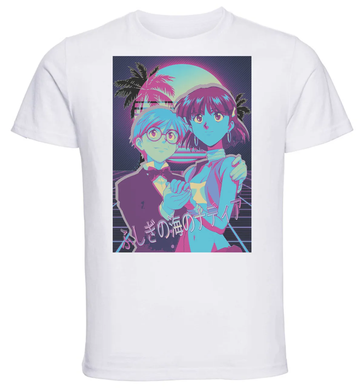 T-Shirt Unisex White Vaporwave 80s Style Il Mistero della Pietra Azzurra The Secret of Blue Water Jean and Nadia