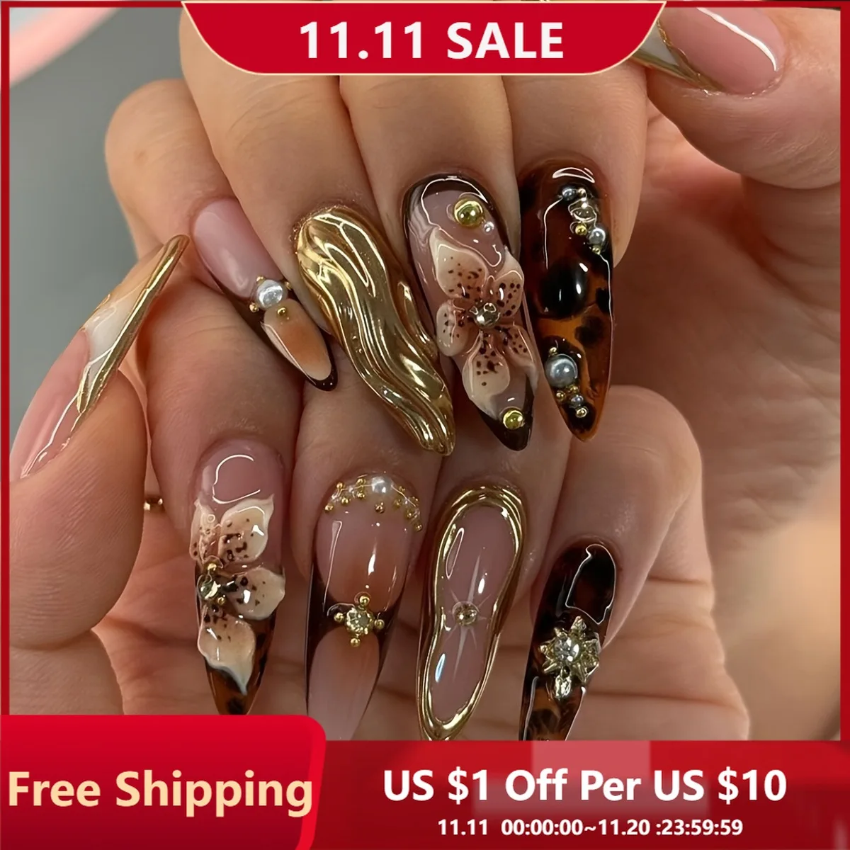 

24 шт., пресс для ногтей, золотые французские цветы, миндаль, полное покрытие, типсы для ногтей для женщин и девочек, съемные носимые накладные ногти, повседневная одежда