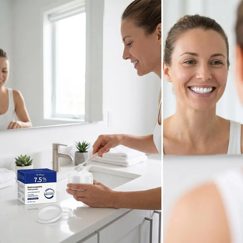 Polvo Blanqueador Dental Oralhoe de 50g Sin Flúor, Limpieza Profunda, Elimina Manchas Amarillas, Repara el Esmalte, Refr