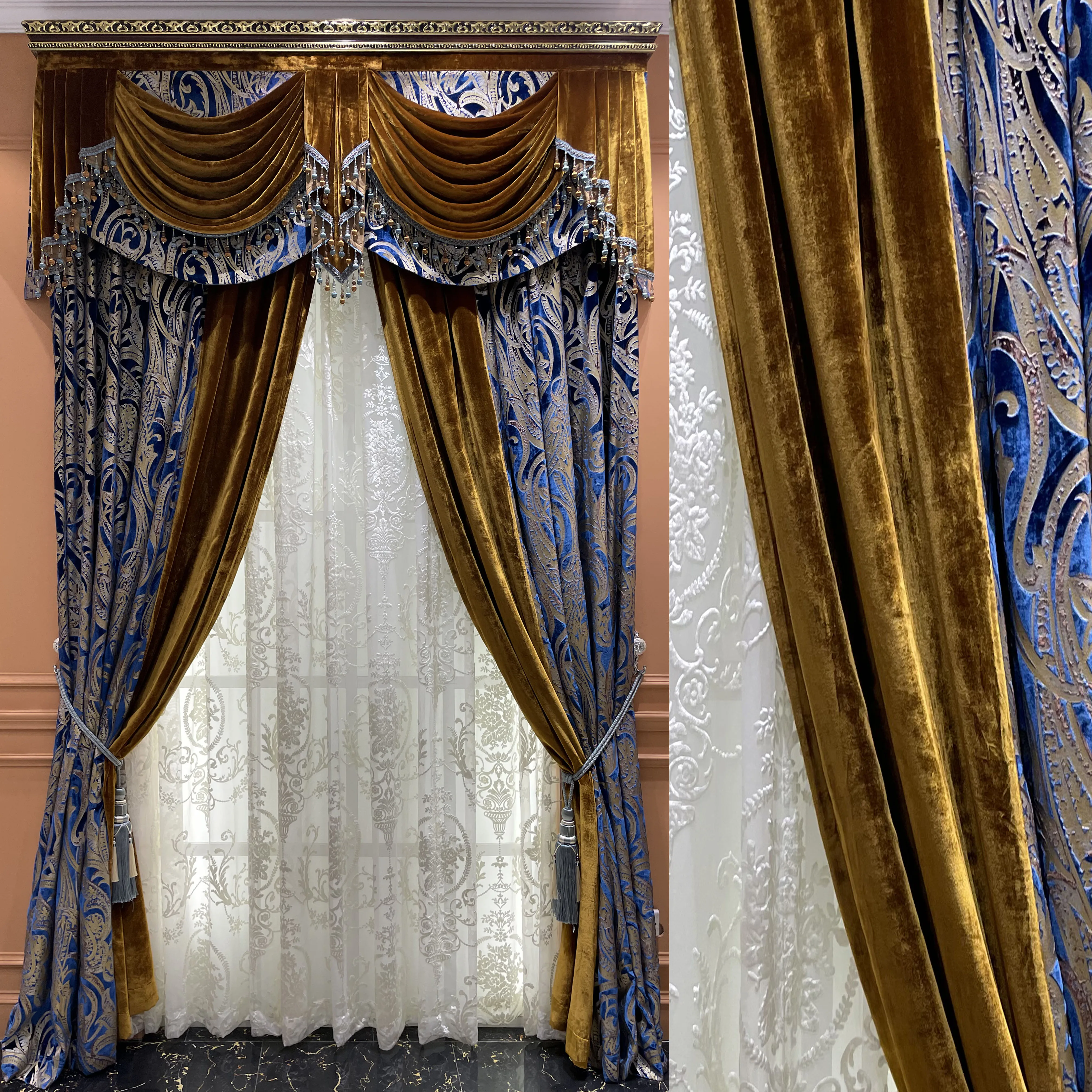 Custom Classic French retro palace window blue velvet living room blue cloth valance blackout curtain tulle drape C1984