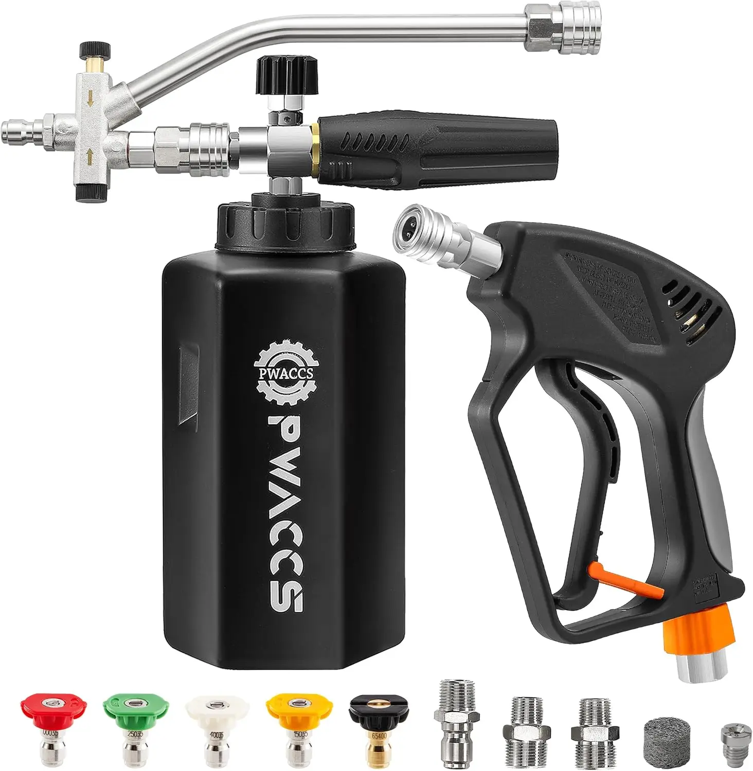 

Двойная пенная насадка для мойки высокого давления с коротким пистолетом, набор для мойки автомобиля с быстросъемным соединением и 5 насадками, 1,5 л, 5000 PSI