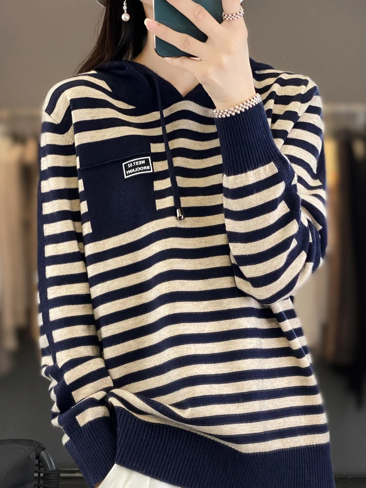 2024 women's cashmere sweater striped loose long sleeved sweater women's sweater women's cashmere women's loose women's pullover